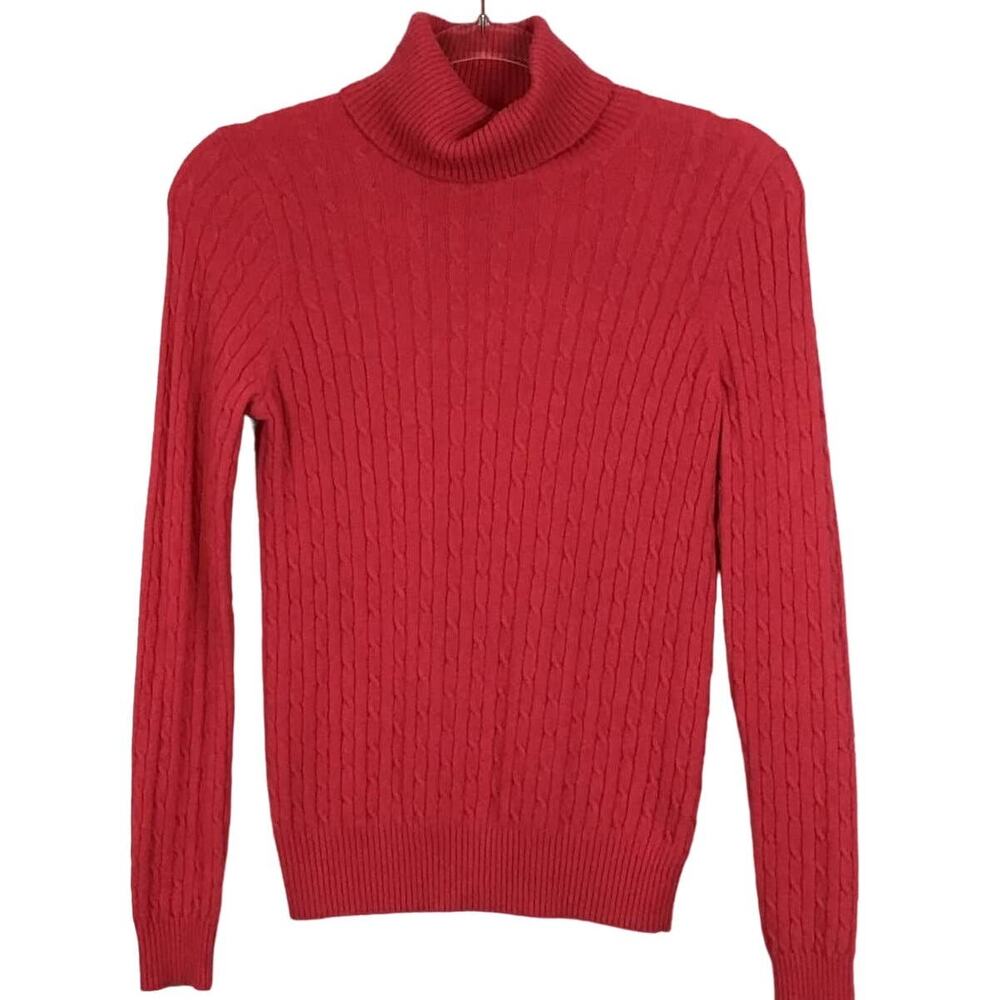 J CREW Cashmere Cambridge Cable Knit Turtleneck Slim Sweater Hot Pink Coral S
